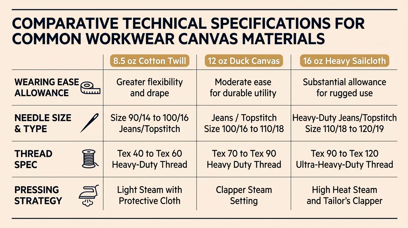 Table listing wearing ease allowance, needle size, thread spec, and pressing strategy for three canvas fabric weights.