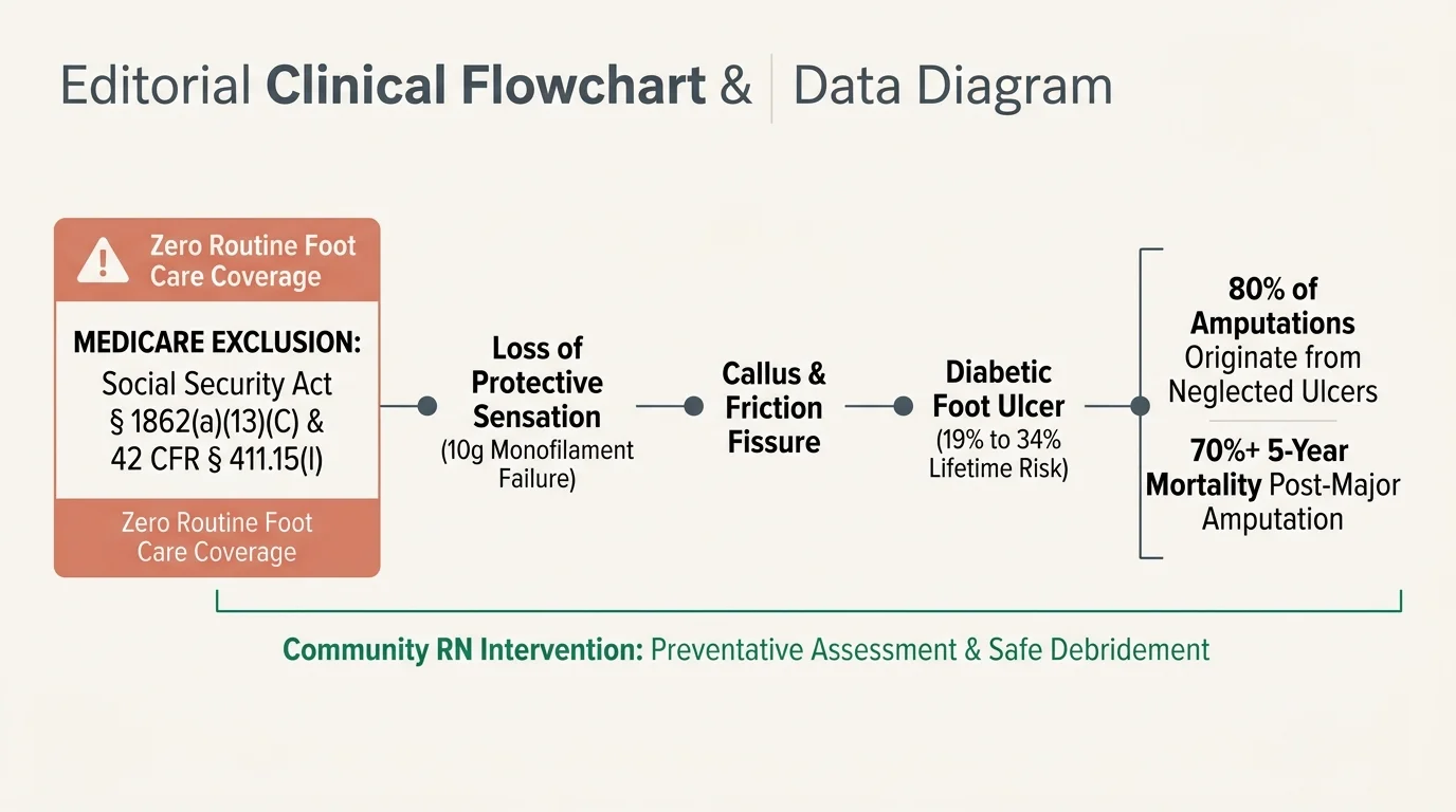 Clinical flowchart showing Medicare exclusion leading through sensory loss, calluses, and ulcers to amputation and mortality.