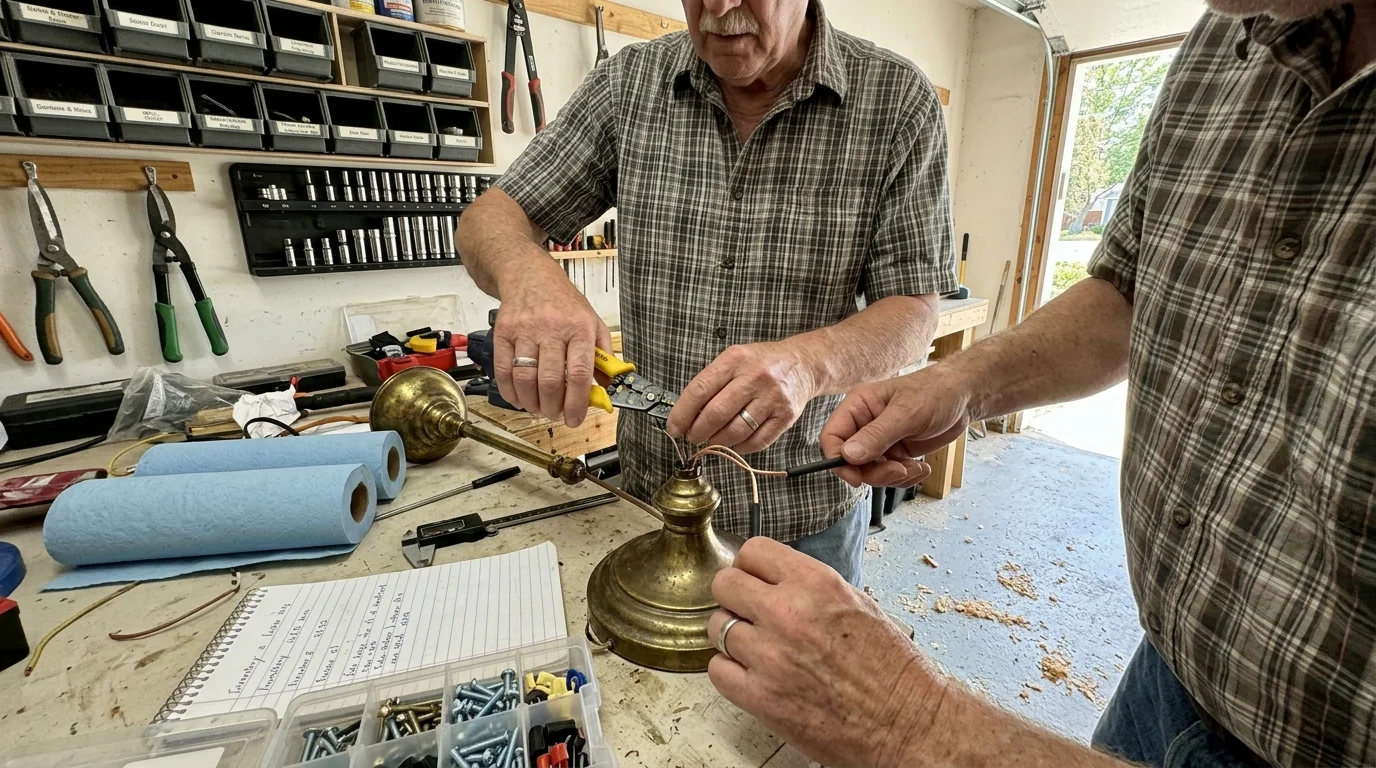Two men in plaid shirts repair wiring on a brass lamp in a workshop surrounded by tools and hardware organizers.