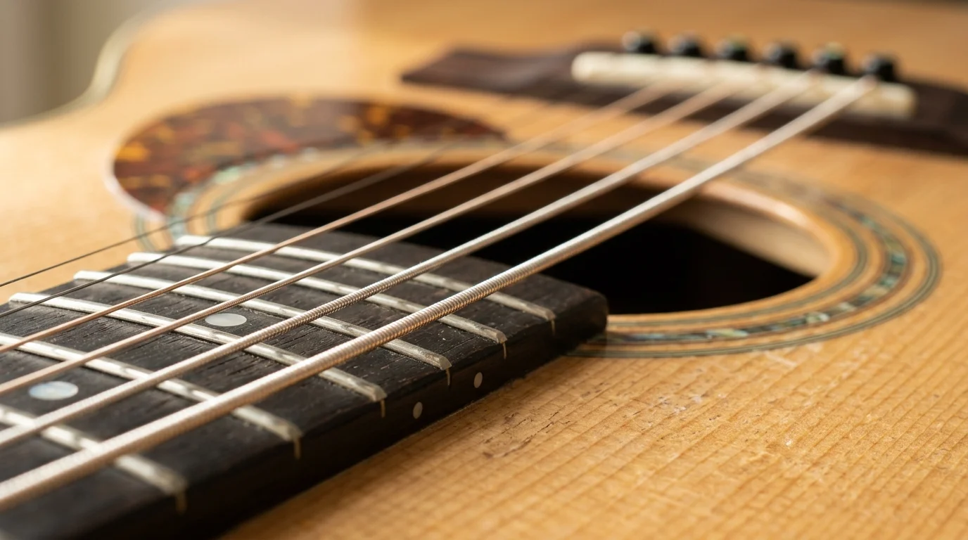 Close-up of steel strings stretched over the fretboard, soundhole, and bridge of an acoustic guitar.