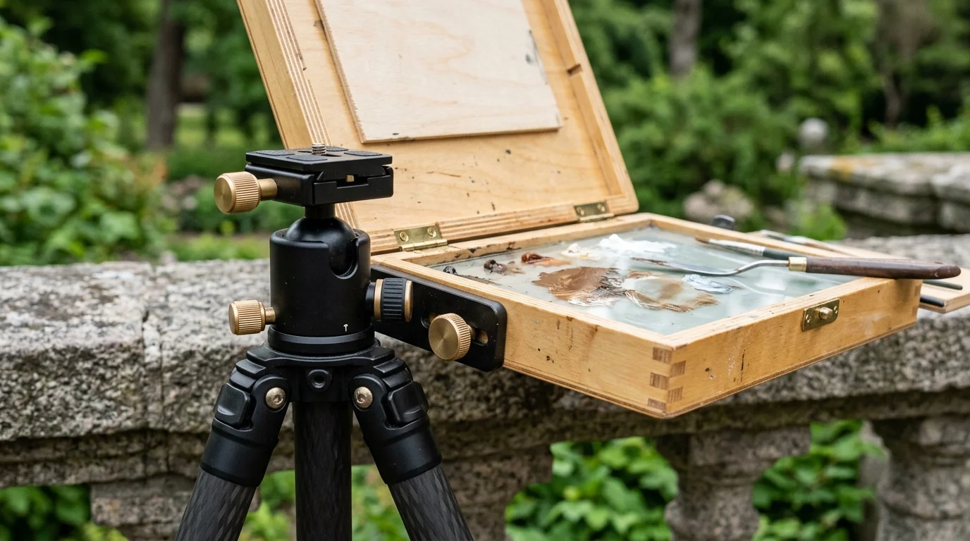 Open wooden pochade box mounted to a black tripod with a paint palette, palette knife, and brushes outdoors.