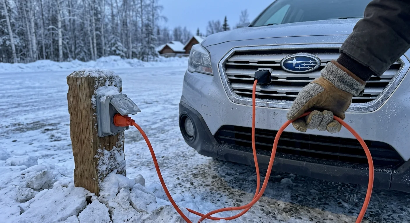 A gloved hand plugs an orange extension cord from a snowy wooden post into the front grille of a silver car.