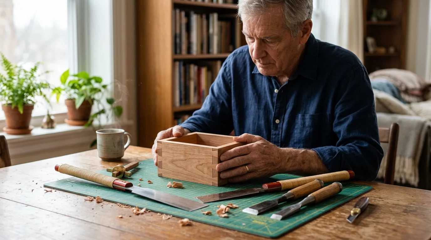 A senior man inspects a wooden dovetail box on a table alongside Japanese pull saws, chisels, and a cutting mat.