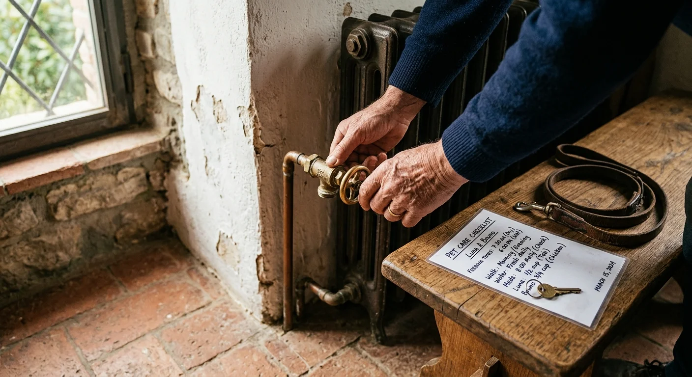Hands adjusting a brass radiator valve near a pet care checklist, key, and dog leash on a wooden bench.