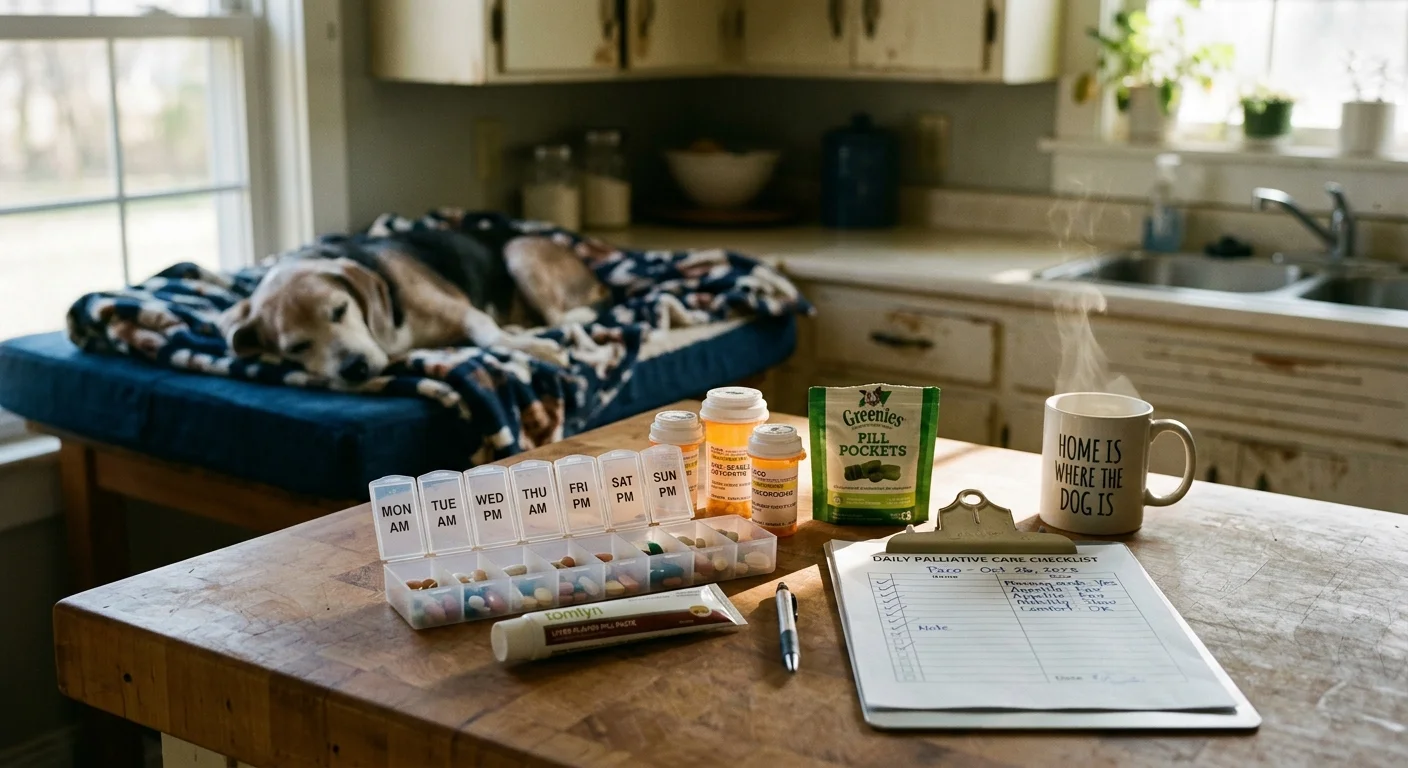 A senior dog rests on a bed behind a counter arranged with pill organizers, medicine bottles, and a palliative care checklist.
