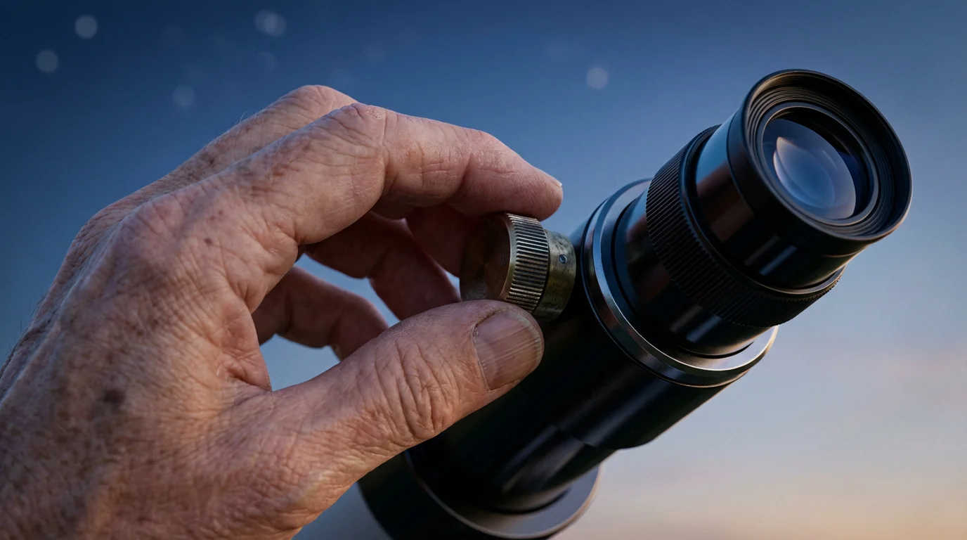 Close-up of a senior's hand adjusting the focus on a telescope at twilight.