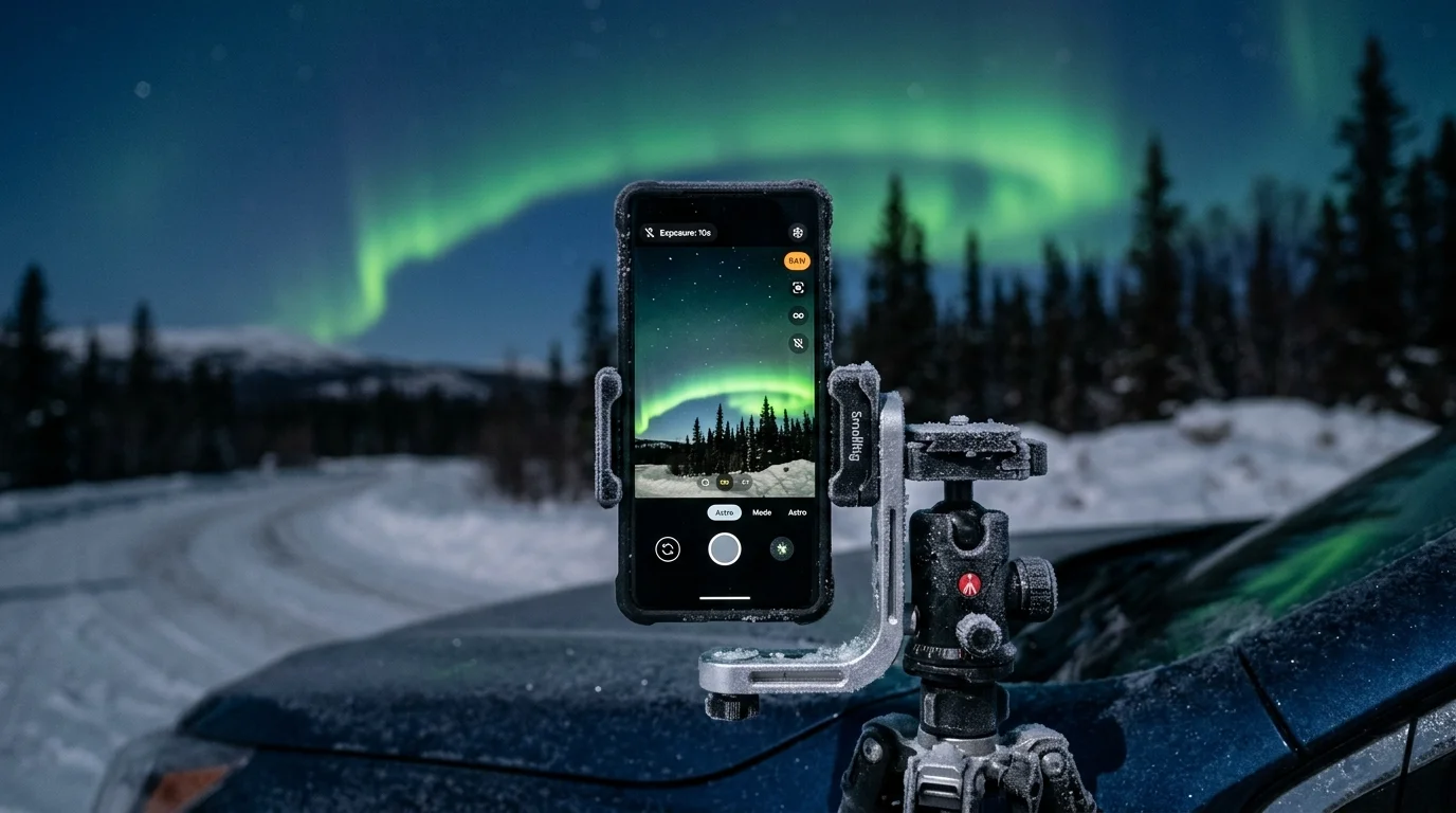 A smartphone mounted on a frosty tripod photographs green northern lights above a snowy forest and road at night.