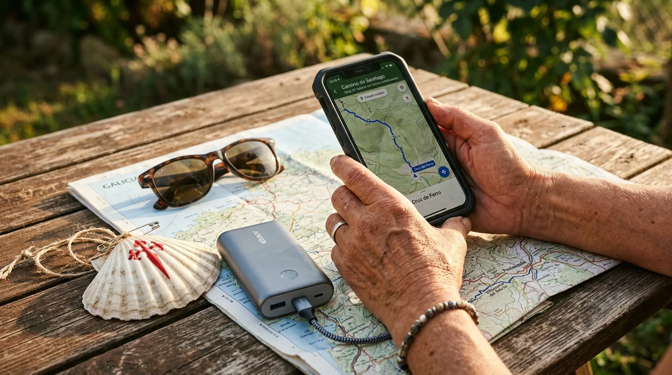Hands holding a smartphone showing a trail map beside a power bank, sunglasses, and scallop shell on a wooden table.