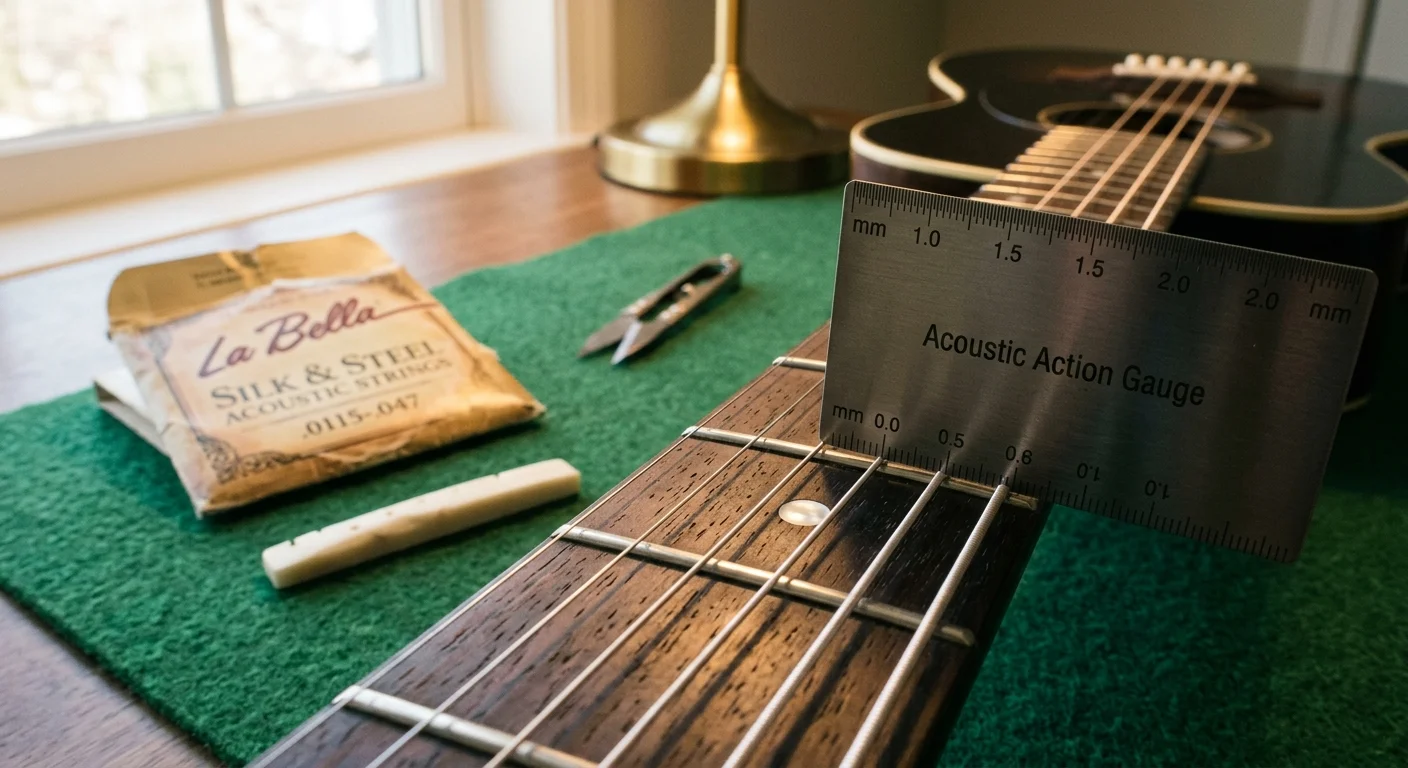A metal action gauge rests on guitar frets beside a packet of silk and steel acoustic strings and a guitar saddle.