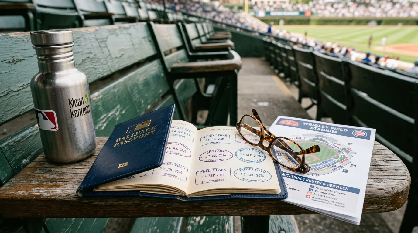 Stamped ballpark passport book, glasses, metal water bottle, and stadium accessibility guide resting on a ballpark seat.