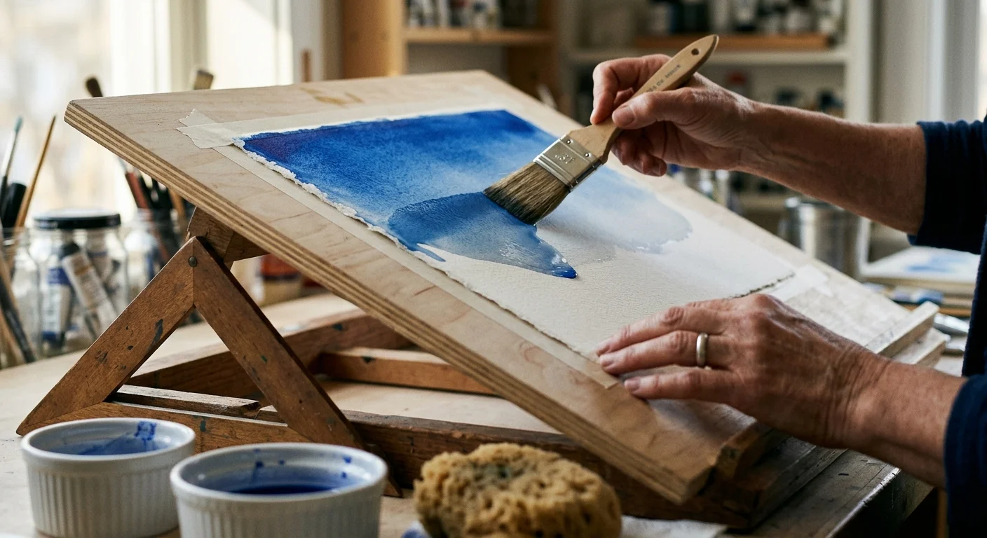 Hands using a wide flat brush to apply a blue watercolor wash onto paper resting on a tilted wooden drafting board.
