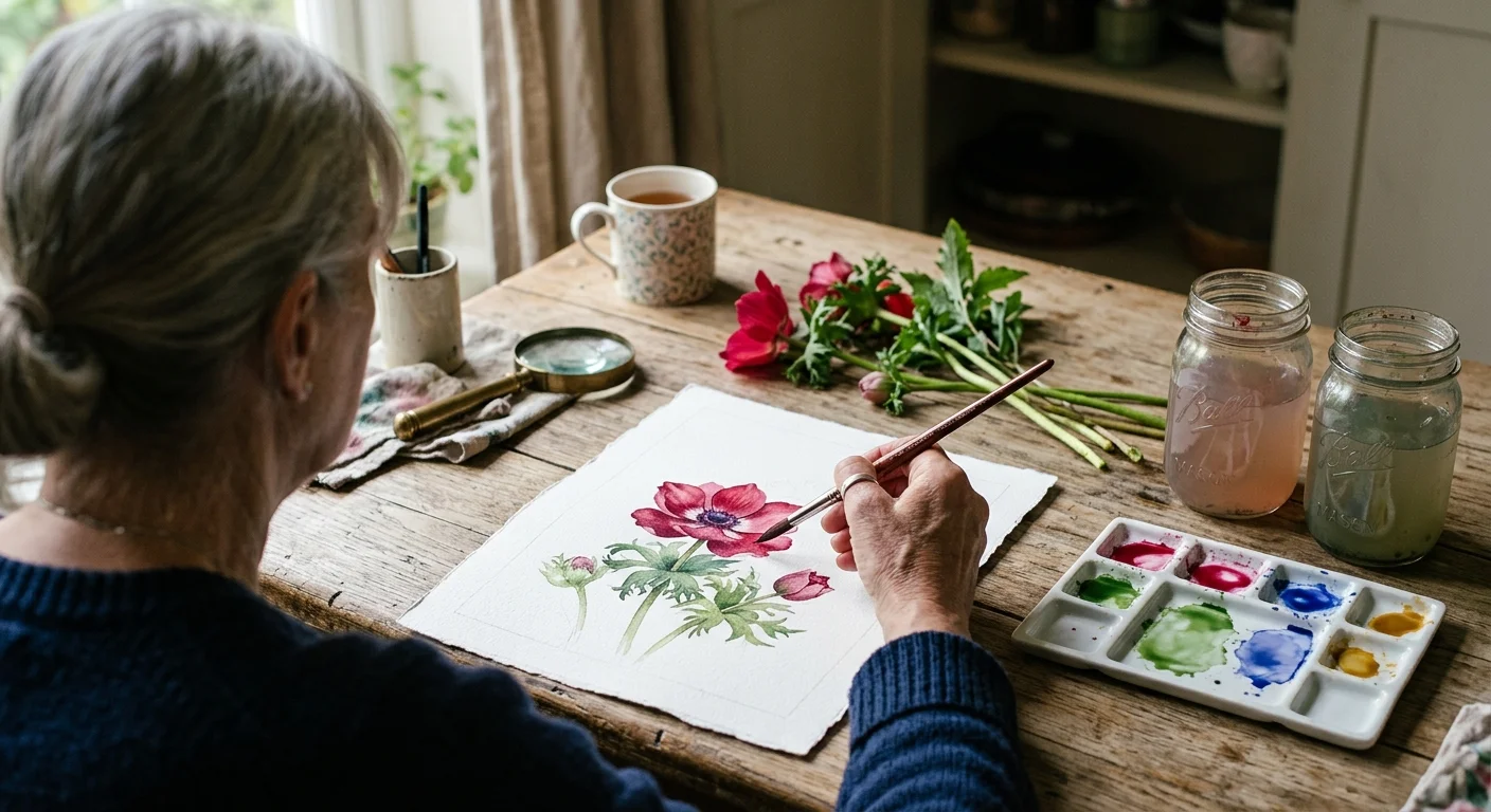 Woman painting red anemone flowers in watercolor on a wooden table beside cut stems, jars, and a paint palette.