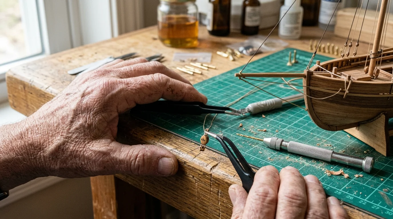 Close-up of hands using fine tweezers to work on rigging beside a miniature wooden model ship on a green cutting mat.
