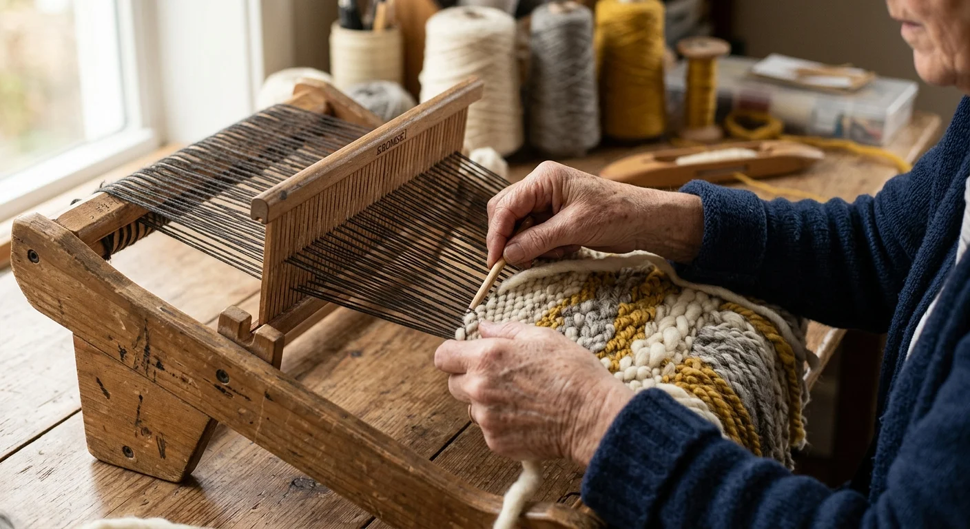 Hands weaving textured yarn on a small wooden table loom with spools of thread in the background.