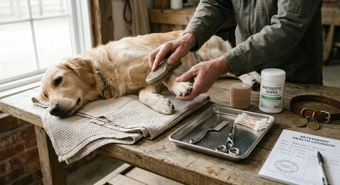 A golden retriever lies on a wooden table while a person grooms its paw near medical tools and antiseptic wipes.