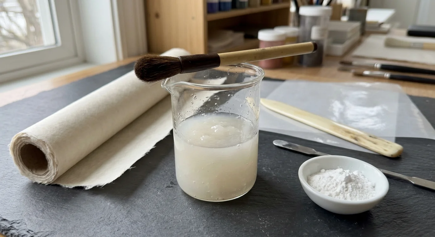 Glass beaker of cooked paste with a brush balanced on top, beside a roll of paper, bone folder, and powder in a bowl.