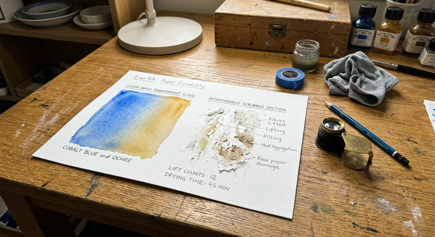 Watercolor durability test sheet on a wooden desk showing a smooth blue-ochre wash next to scrubbed, damaged paper fibers.