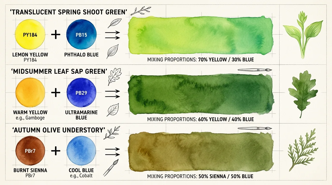 Botanical watercolor chart showing three pigment mixing recipes, color swatches, proportions, and corresponding foliage.
