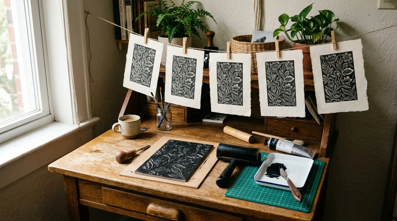 Linocut printing setup on a wooden desk with botanical prints drying on a string, roller, carved block, and ink.