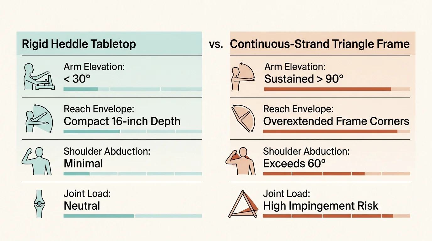 Diagram comparing rigid heddle tabletop looms with triangle frames across arm elevation, reach, abduction, and joint load.