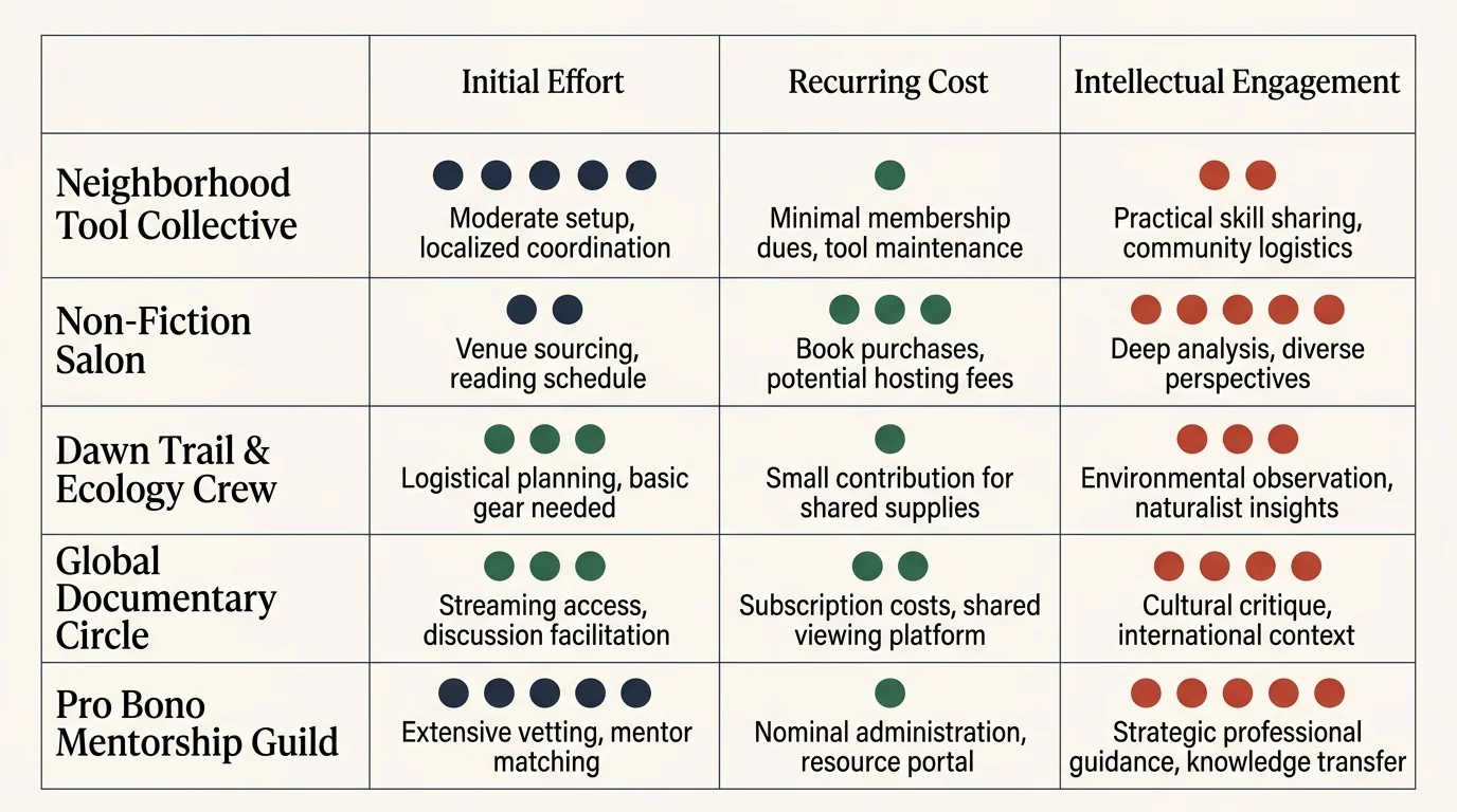 Table rating five social clubs on Initial Effort, Recurring Cost, and Intellectual Engagement with dots and notes.
