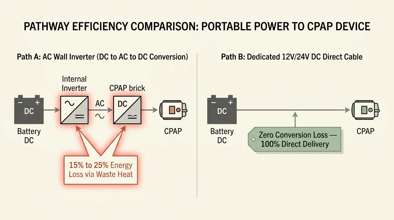 Diagram comparing AC wall inverter dual conversion losing 15% to 25% energy against direct DC cable delivery.