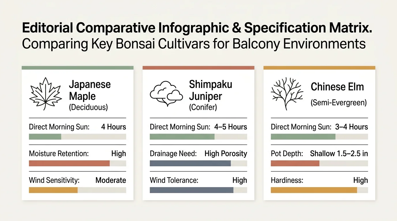 Infographic cards comparing sun exposure, moisture, and tolerances for Japanese Maple, Shimpaku Juniper, and Chinese Elm.