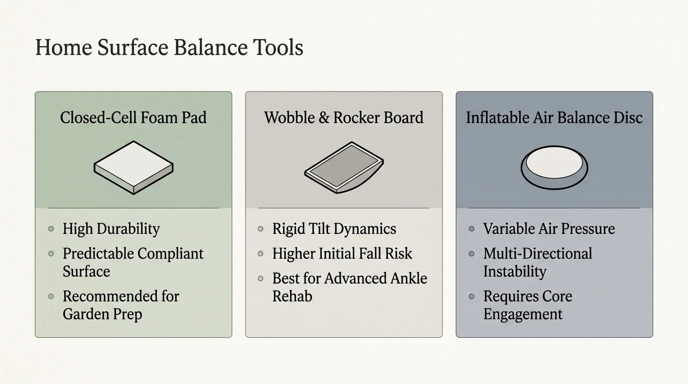 Diagram comparing three balance tools: Closed-Cell Foam Pad, Wobble and Rocker Board, and Inflatable Air Balance Disc.