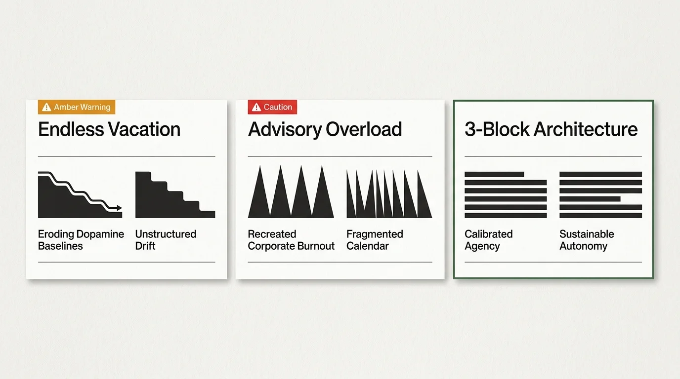 Three cards comparing Endless Vacation, Advisory Overload, and 3-Block Architecture with abstract black graphic shapes.