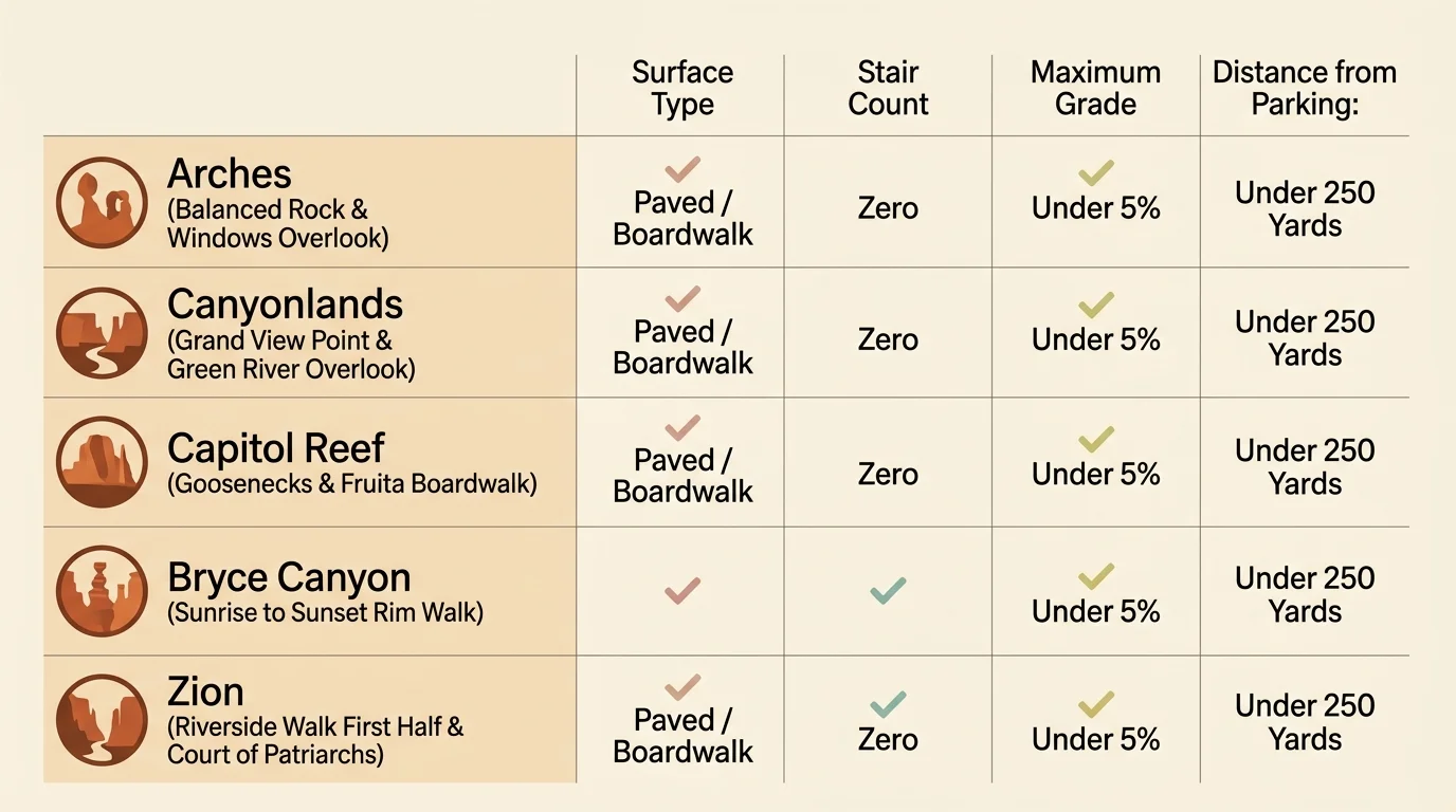 Table comparing accessible overlooks across Utah's national parks by surface type, stair count, grade, and distance.