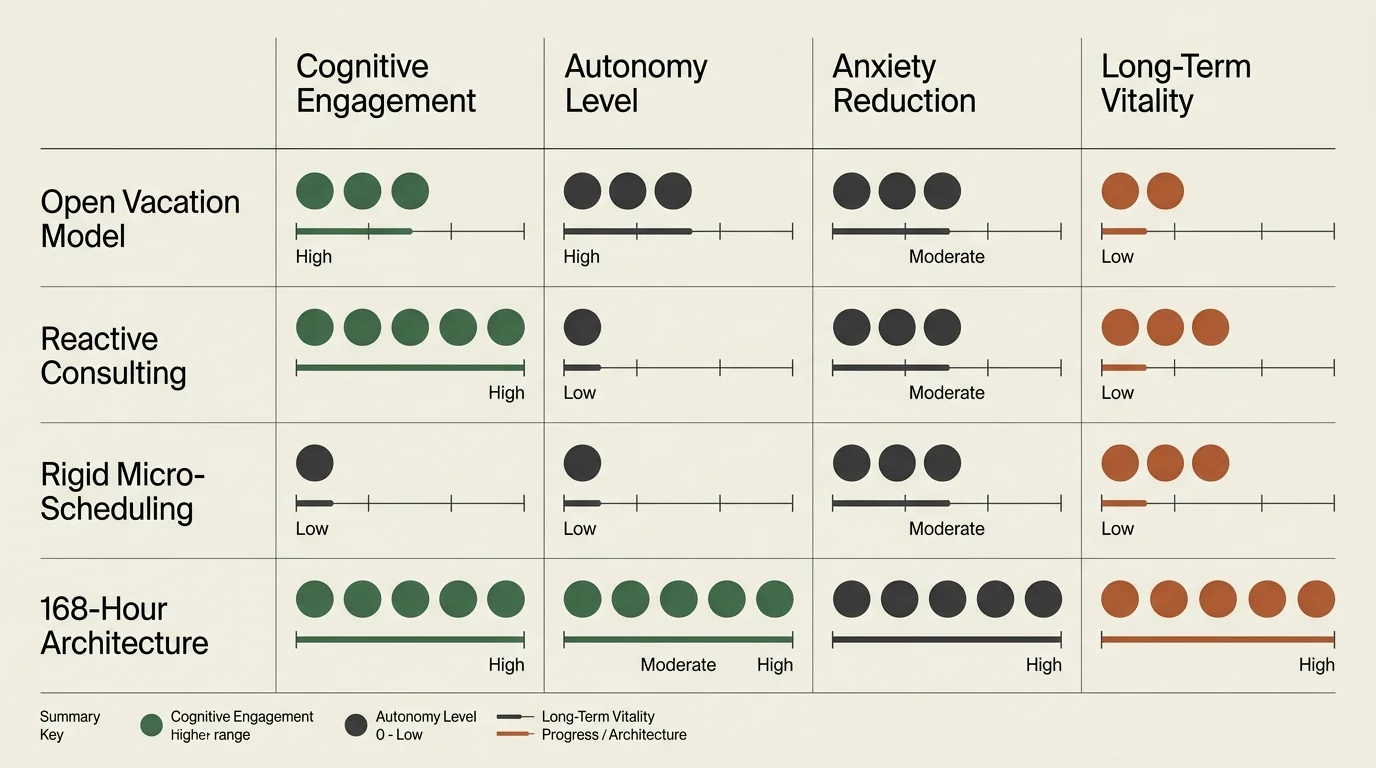 Matrix comparing four scheduling models across cognitive engagement, autonomy level, anxiety reduction, and long-term vitality.