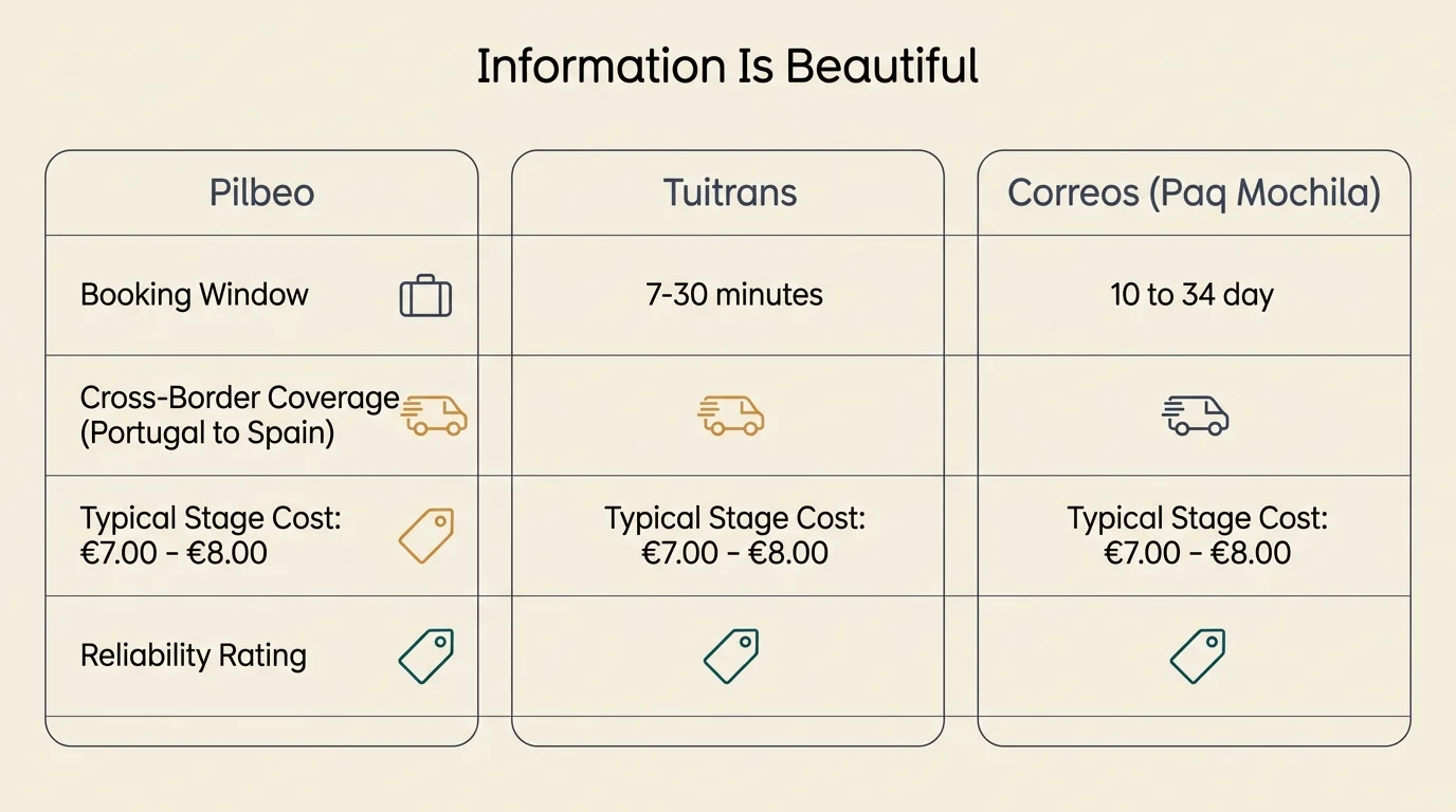 Comparison chart titled Information Is Beautiful contrasting features for Pilbeo, Tuitrans, and Correos.