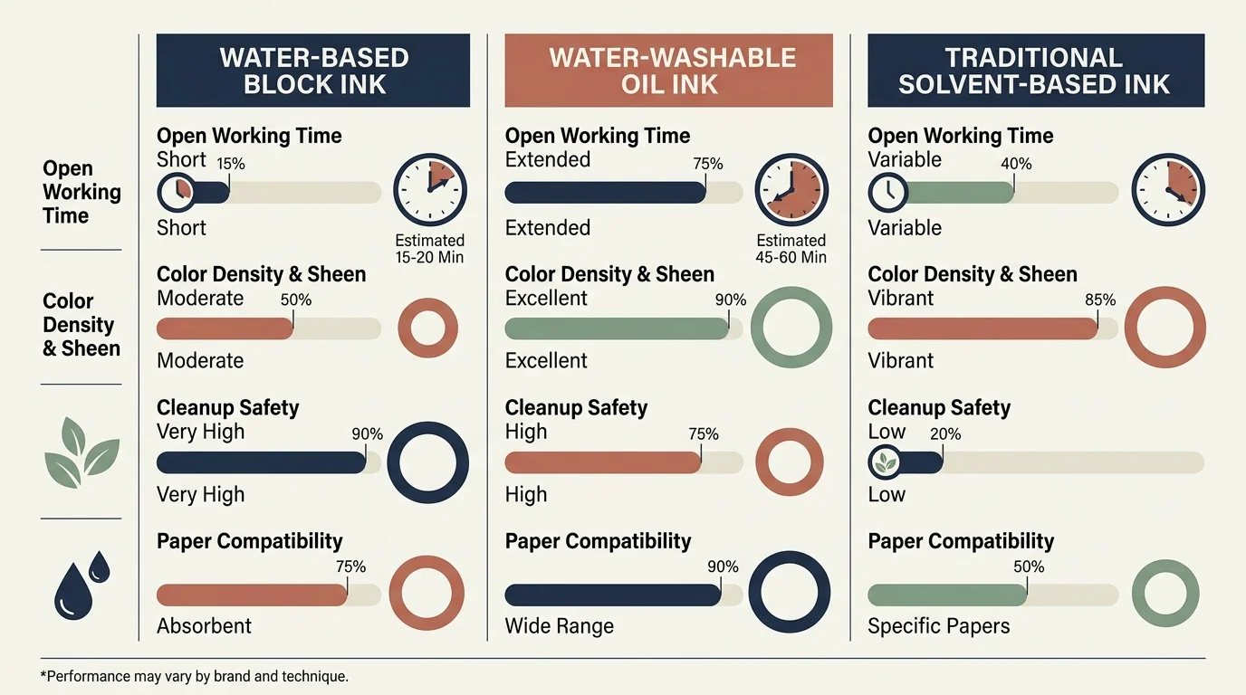 Infographic comparing water-based, water-washable oil, and traditional solvent inks across working time, sheen, safety, and paper.
