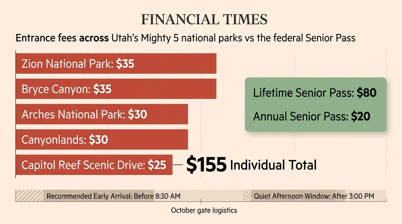 Bar chart comparing $155 total entrance fees across Utah's Mighty 5 to an $80 lifetime or $20 annual Senior Pass.