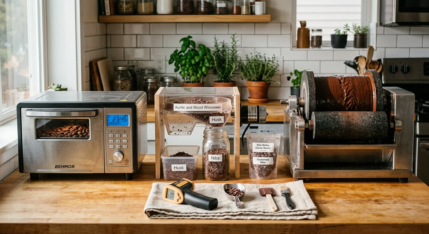 A countertop chocolate setup with a Behmor roaster, winnower machine, stone roller refiner, and infrared thermometer.