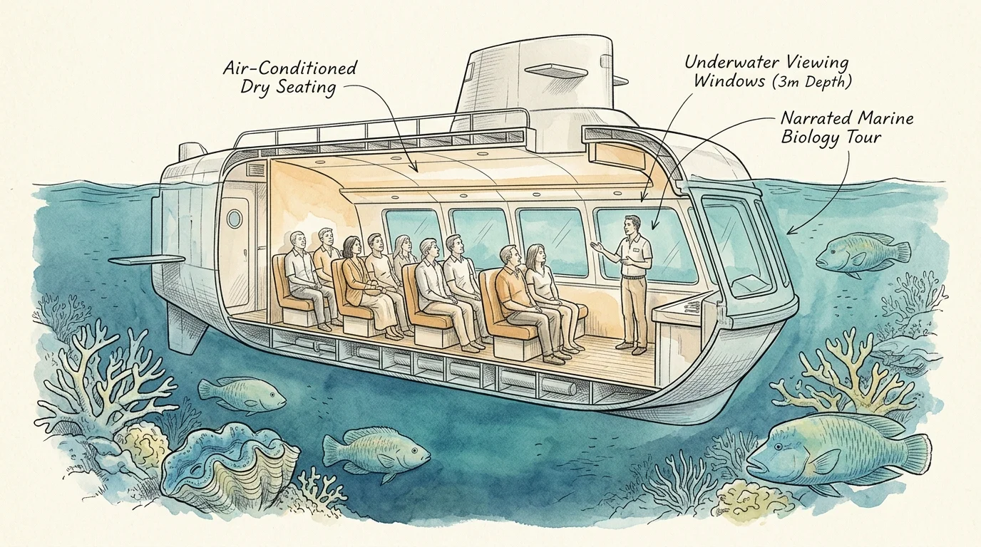 Cutaway illustration of a semi-submersible craft showing seated passengers and a guide underwater alongside fish and coral.