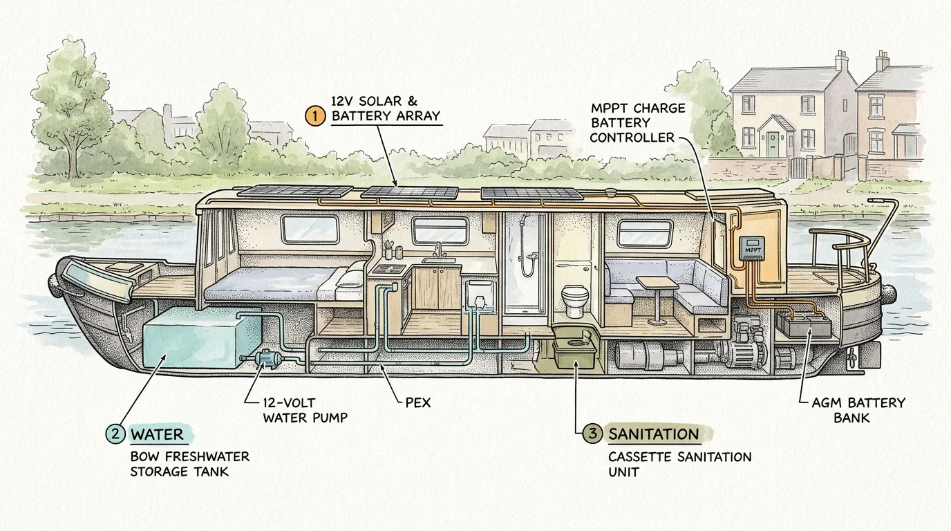 Cutaway illustration of a narrowboat showing interior systems for solar power, freshwater storage, and cassette sanitation.