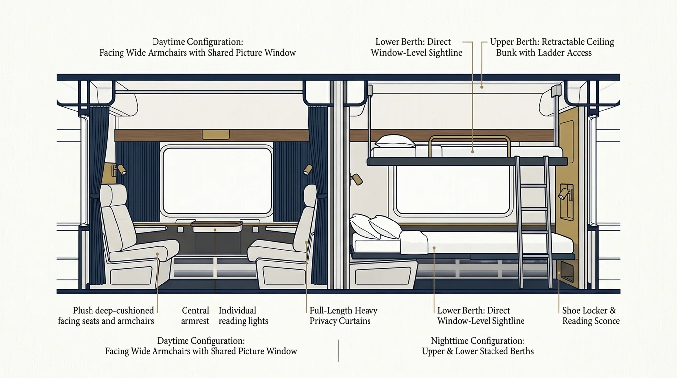Diagram of train sleeper berths showing daytime facing armchairs next to nighttime stacked upper and lower bunk beds.