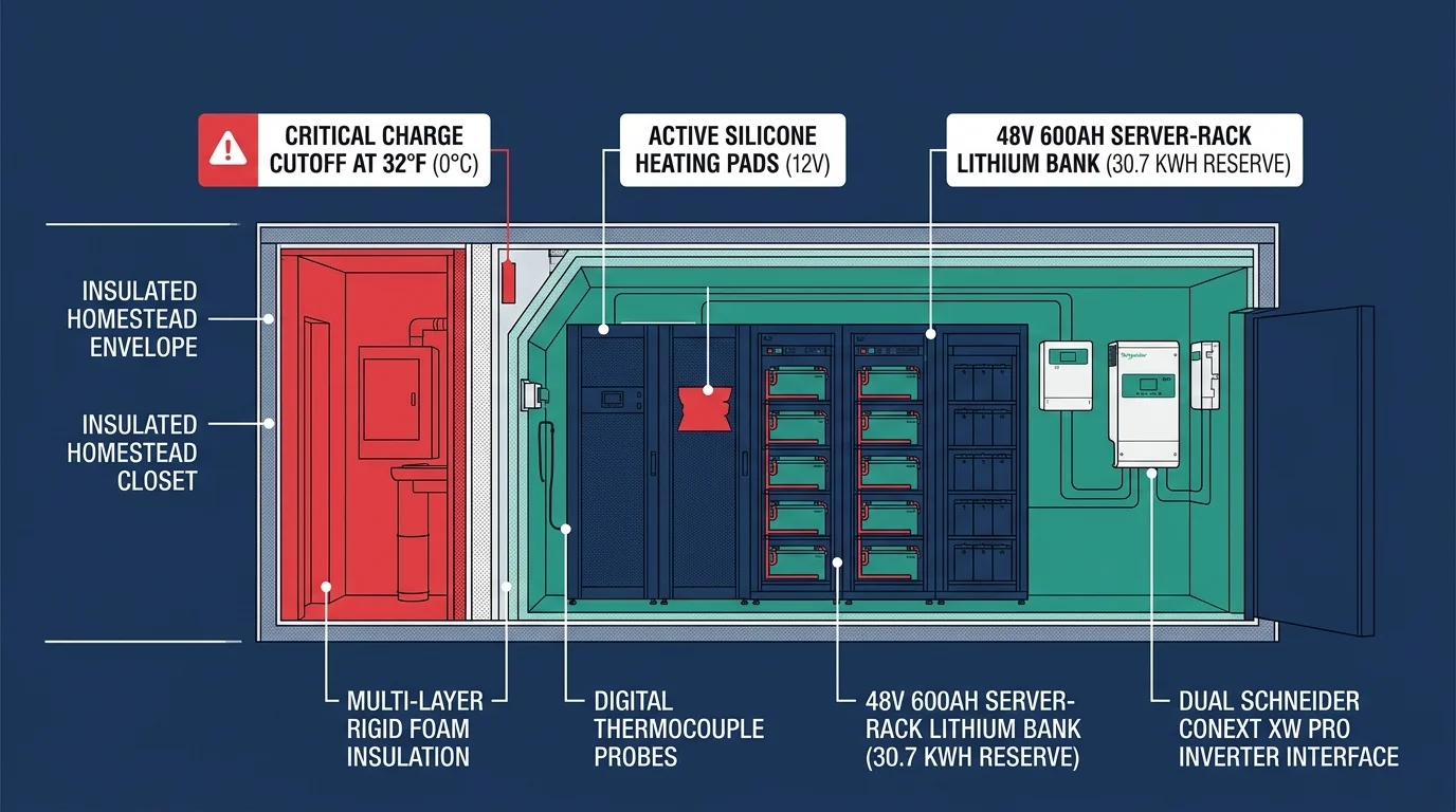 Diagram of an insulated battery enclosure showing server racks, heating pads, sensors, and critical charge cutoff warnings.