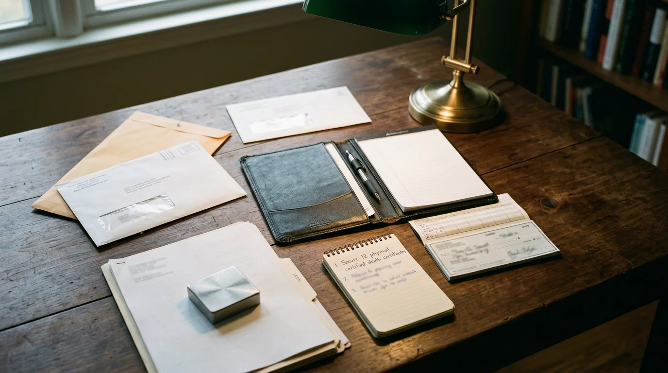Envelopes, folders, a checkbook, and a notepad with a written checklist lie on a wooden desk beside a brass lamp.