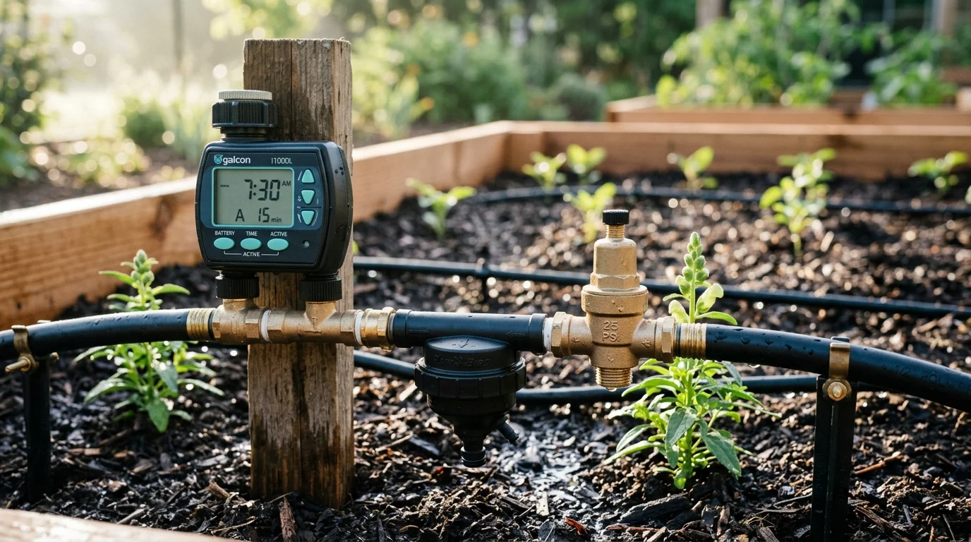A digital timer, inline filter, and brass 25 PSI pressure regulator mounted on drip irrigation tubing in a garden bed.