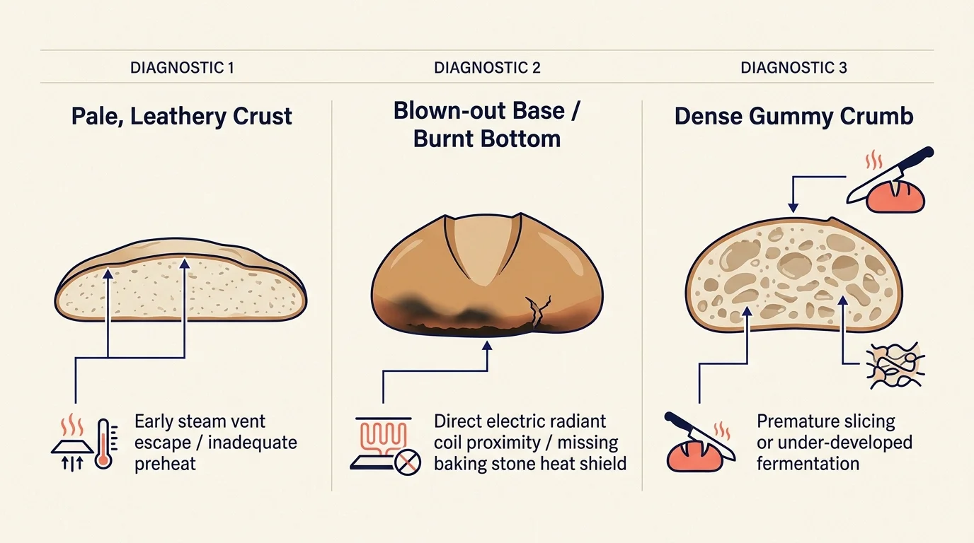 Three bread troubleshooting diagnostics showing flat pale crust, blown-out burnt bottom, and dense gummy crumb with causes.