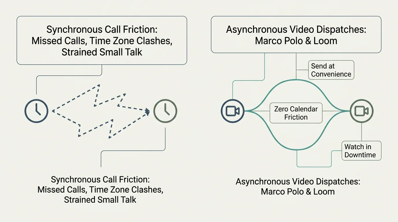 Diagram contrasting synchronous call friction with asynchronous video dispatches featuring zero calendar friction.