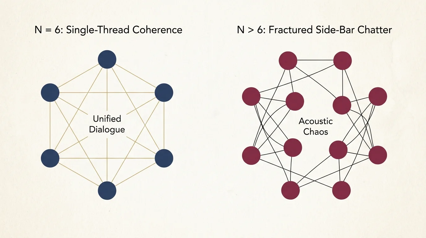 Diagram comparing six nodes in unified dialogue versus twelve nodes in acoustic chaos and fractured side-bar chatter.