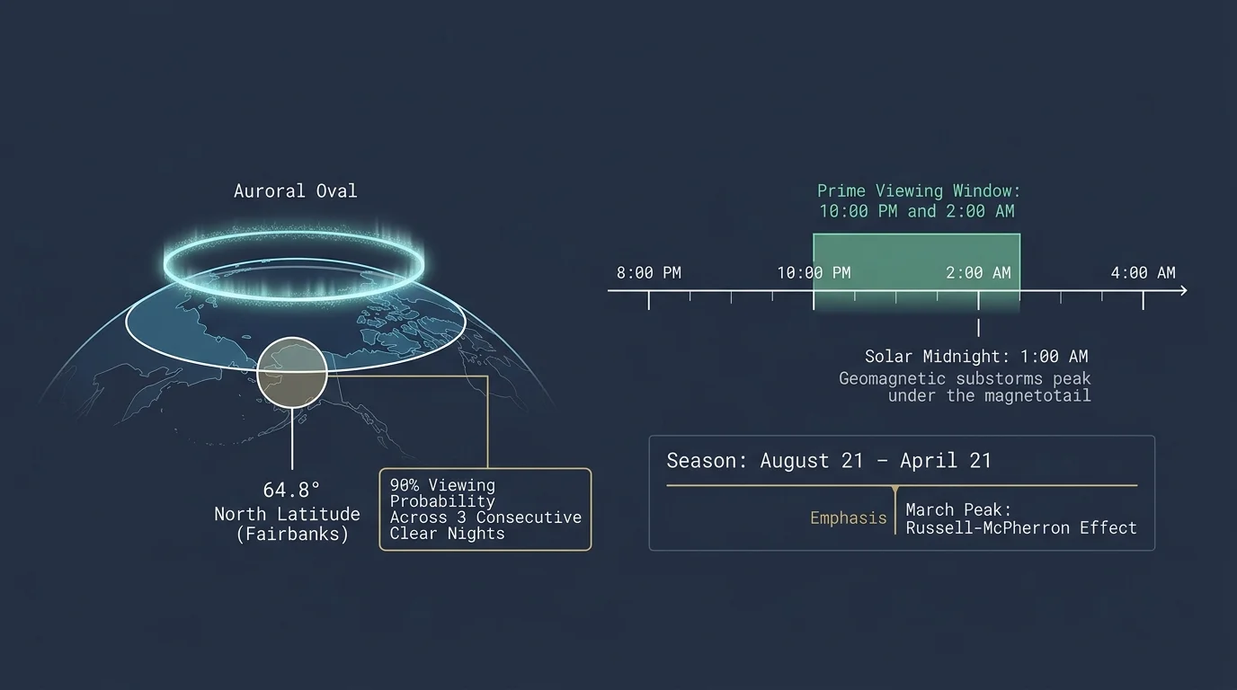 Diagram showing the auroral oval over Alaska at 64.8° North, alongside a prime viewing window timeline from 10 PM to 2 AM.