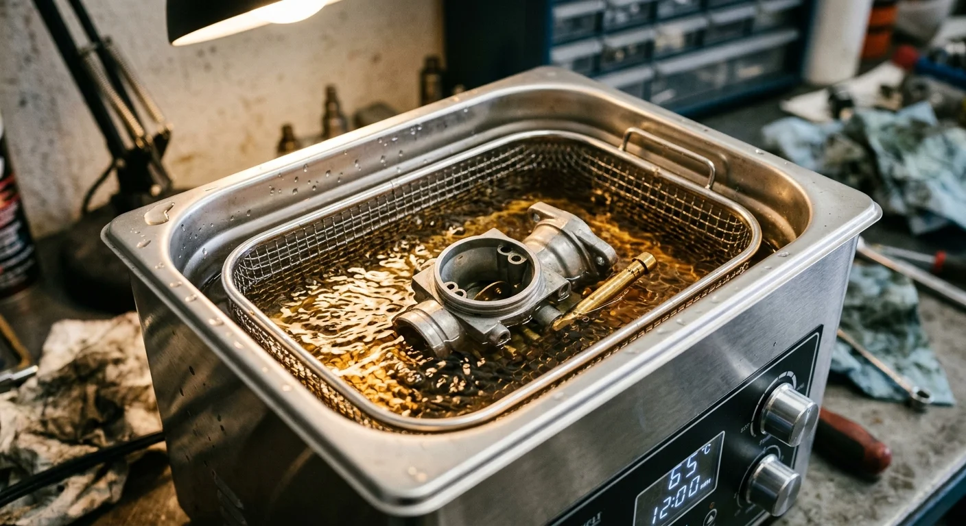 Metal carburetor soaking in a wire basket inside an ultrasonic heated cleaning tank filled with liquid on a workbench.