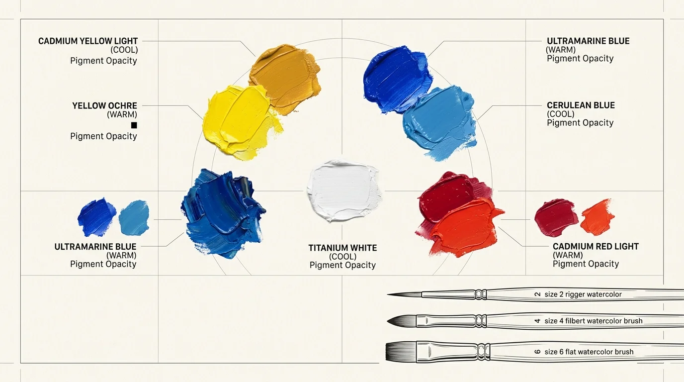 Color wheel diagram with oil paint swatches labeled warm, cool, and pigment opacity, alongside three paintbrushes.