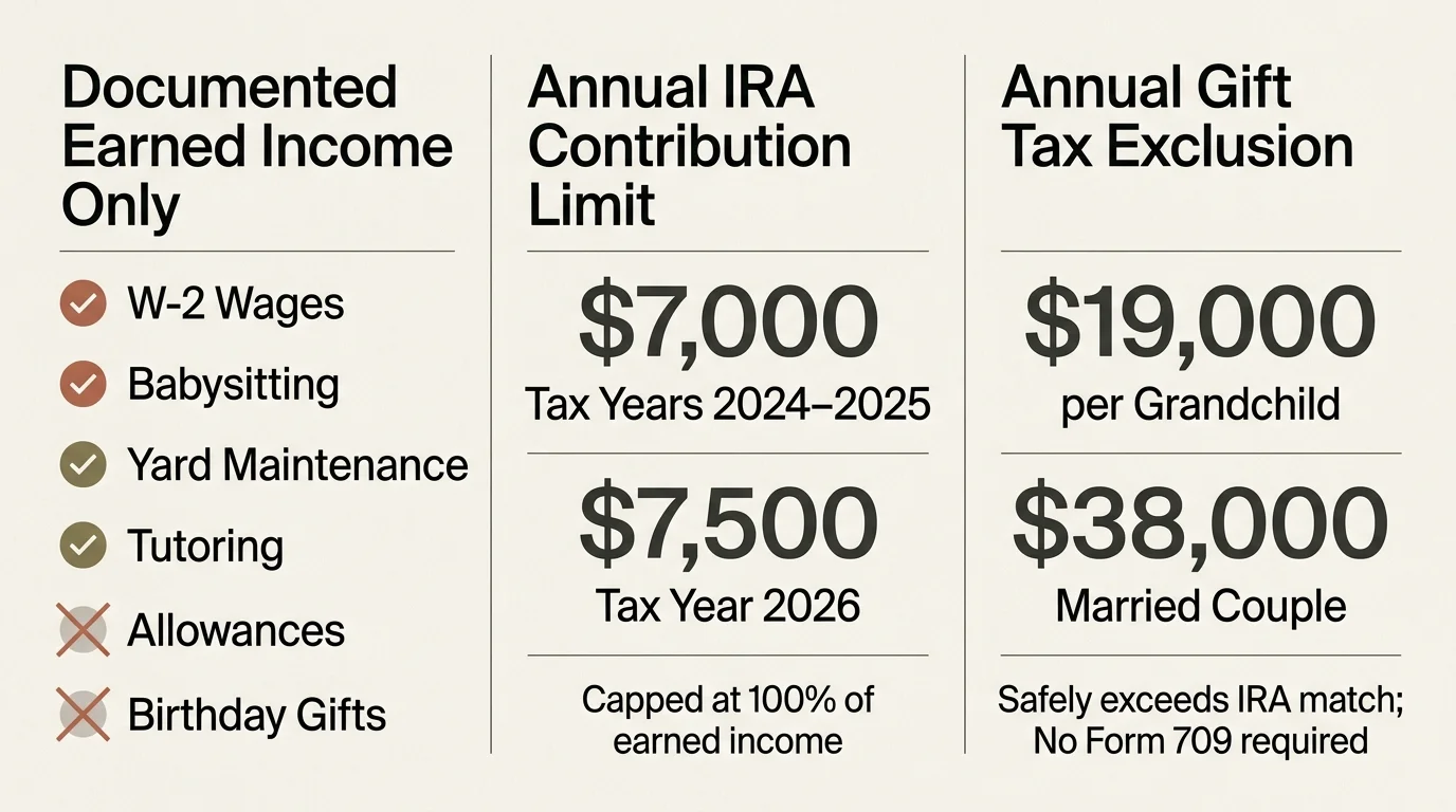 Chart detailing documented earned income rules alongside annual IRA contribution limits and annual gift tax exclusions.