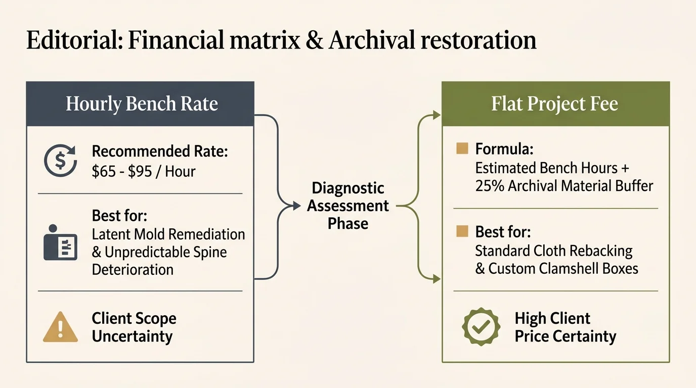 Diagram comparing hourly bench rates and flat project fees linked by a central diagnostic assessment phase.