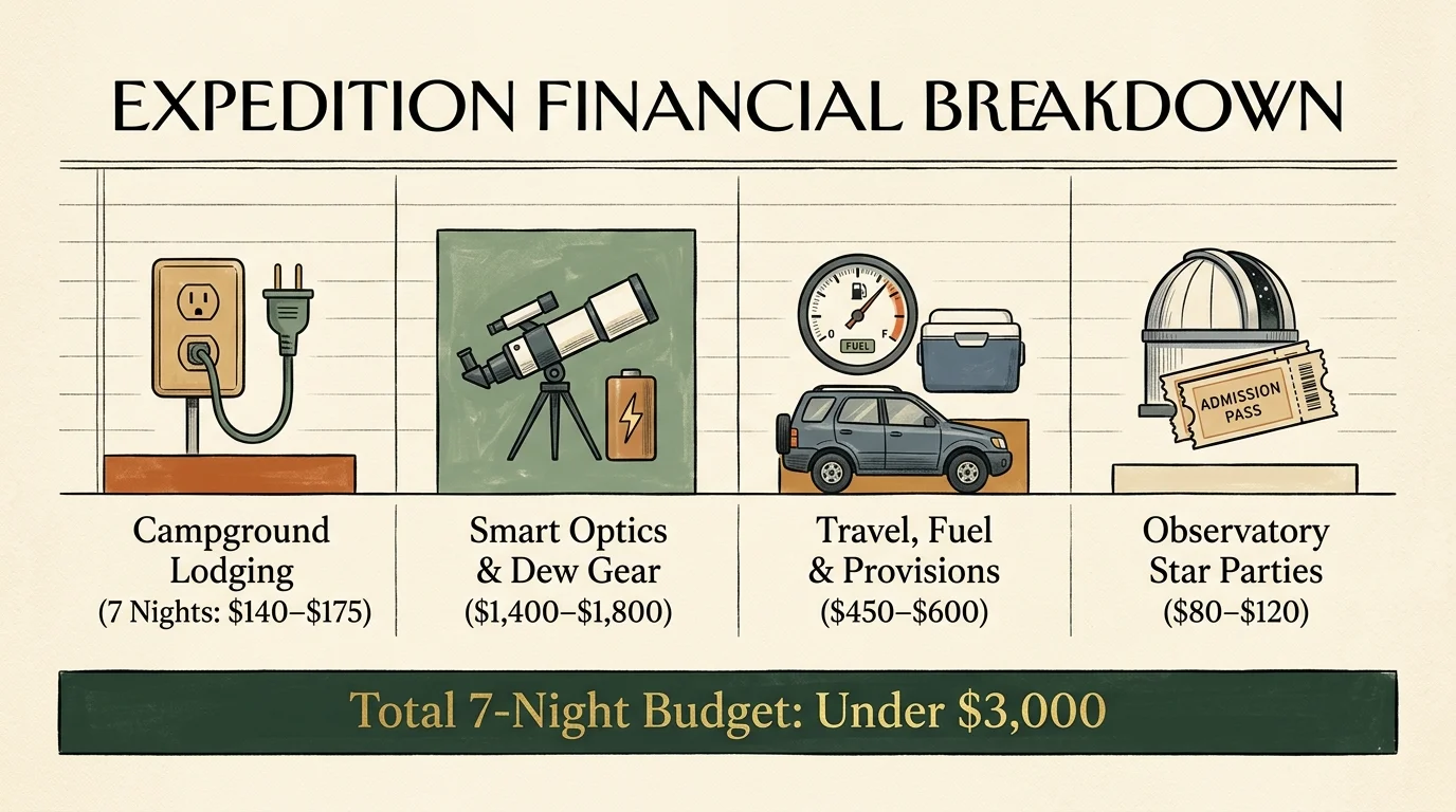Illustrated financial chart showing four cost categories and a total 7-night budget under 3,000 dollars.